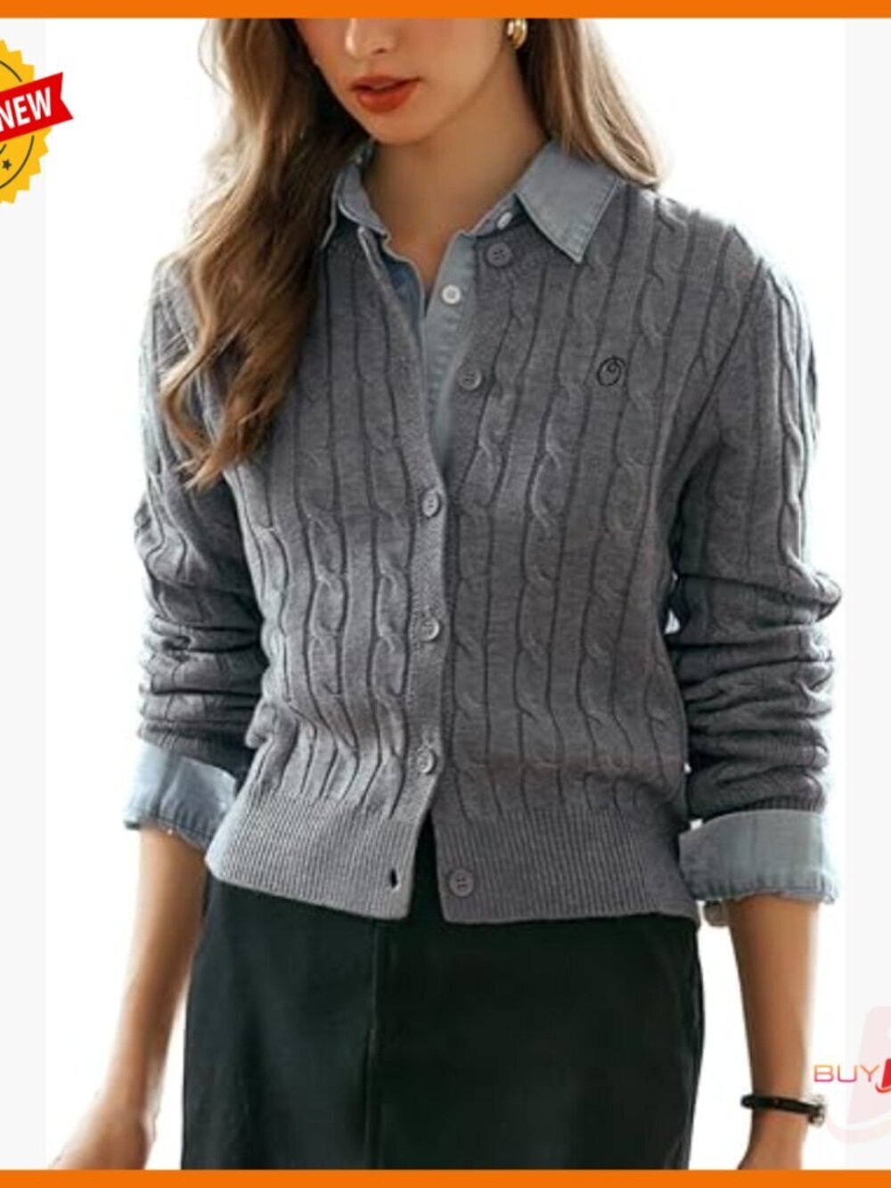 Cropped Cable Knit Cardigan, Button Closure, Long Sleeve Sweater